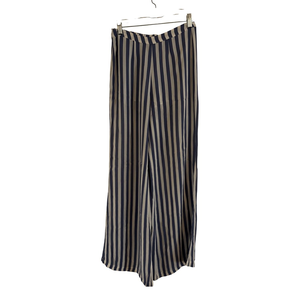 Reformation Navy Blue Cream Striped Wide Leg Pants Viscose High Rise Size 2